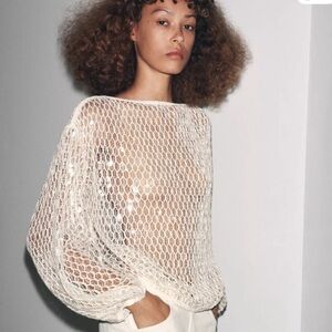 Zara Cream Sequin Mesh Blouse